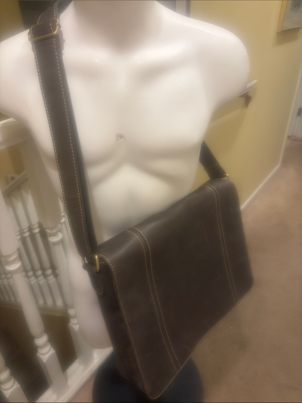 Danier Dark Brown Leather Messenger with Contrast Stitching